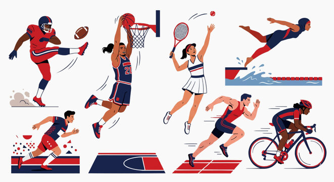 Dynamic Sports Athletes in Action Flat Character Vector Set, Multisport Active Lifestyle Illustration Collection