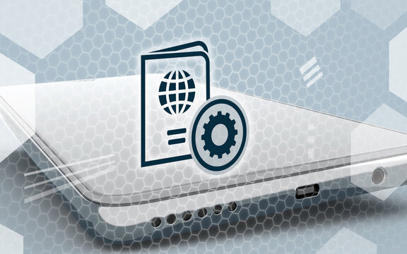 3D illustration of a smartphone displaying passport and gear settings icons. This digital concept represents global configuration, international identity management and mobile device settings.