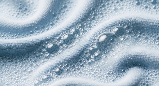 Closeup of blue fabric with soap bubbles