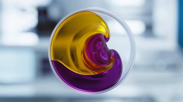 Colorful swirling liquid in a glass dish