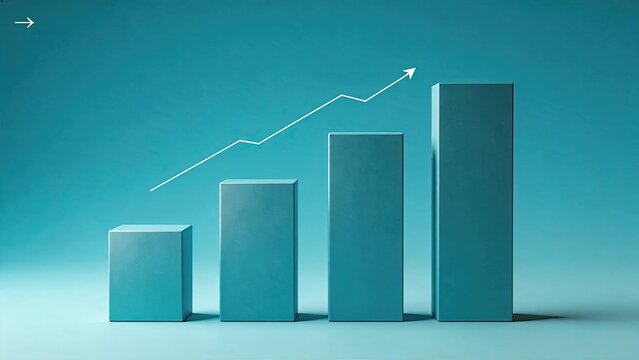 Minimalist 3D blue bar chart showing upward growth trend with white arrow line, abstract business data visualization representing success, progress, and statistical increase on