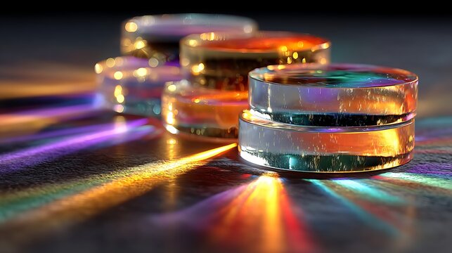 Stacked glass discs with dramatic lighting creating modern minimal product display wallpapers