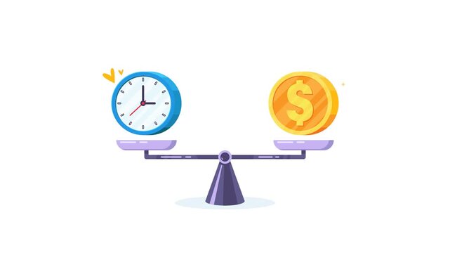 4K animation of a scale weighing time and money, symbolizing financial decisions, productivity, work-life balance, and value exchange in business, and time management.