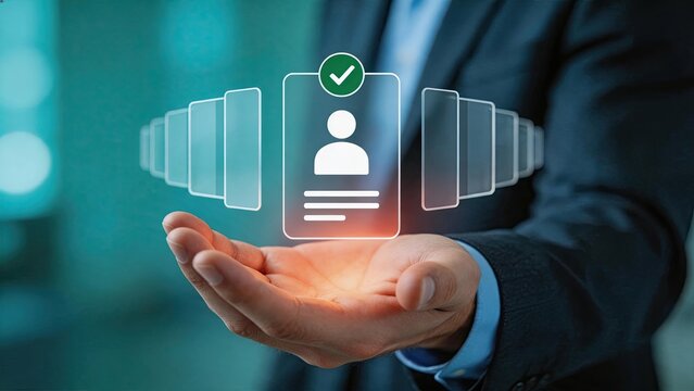 Verified user profile icon in hand, identity authentication concept, secure login access, personal data protection, customer account management, cybersecurity trust, digital