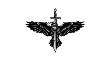 Fototapeta premium Raven with outstretched wings and sword emblem illustration.