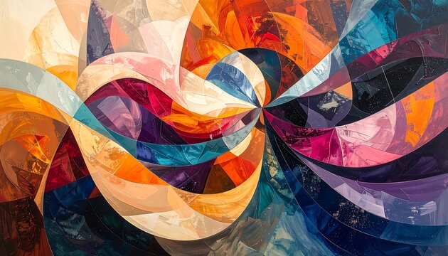 Vibrant abstract painting of swirling colorful geometric shapes radiating from a central point