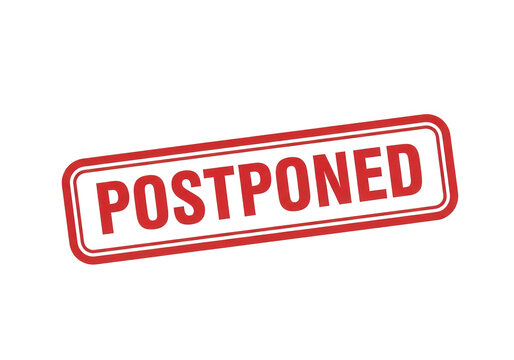 Postponed red rubber stamp icon, rectangular ink seal with postponed text, cancelled event notification symbol on white background