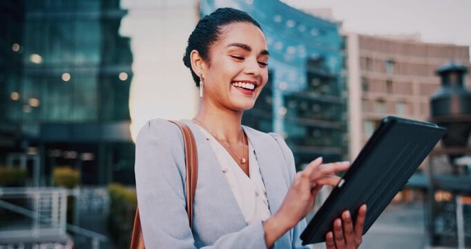 Laugh, tablet and business woman in city for insurance review, claims report and typing email. Tech, funny person and broker in town for underwriting, policy update and reading joke on internet