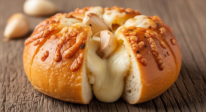 Freshly baked cheesy garlic bread roll with a golden, bubbly crust, cut open to reveal melted mozzarella and roasted garlic. The bread has a soft and savory texture inside, placed on a rustic wooden c