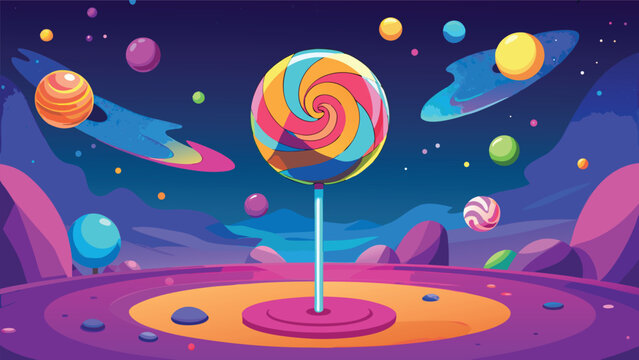 Giant swirling lollipop on a stand in a colorful candy planet landscape with orbiting sweets