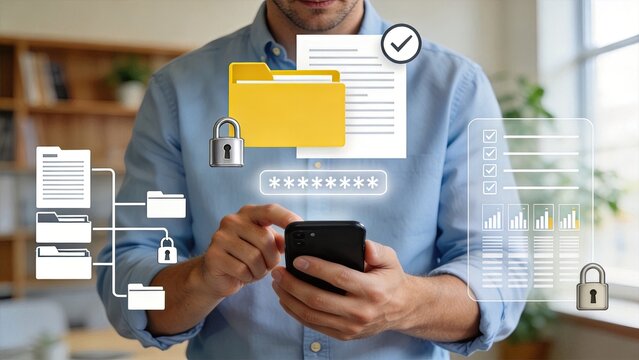 Secure mobile file storage concept, smartphone user accessing protected folders, digital privacy, password authentication, encrypted documents, cloud data safety, cybersecurity
