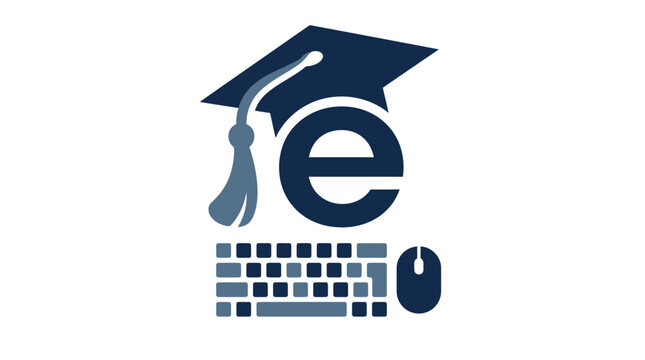 E-learning concept with graduation cap keyboard and mouse.