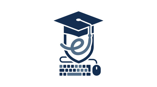 Online education concept with graduation cap and computer peripherals.