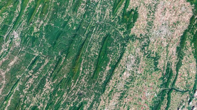 Bird's eye view on green and agricultural zone with meanders of rivers. Camera is moving forward. Animation based on image by NASA