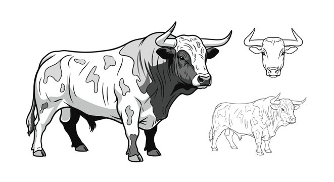Set of three bull illustrations featuring a detailed grey and white spotted steer and two outline versions, perfect for cattle ranch and beef branding.