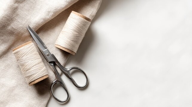 Crafting essentials for creative sewing projects, natural thread spools and scissors on linen fabric, minimalist composition