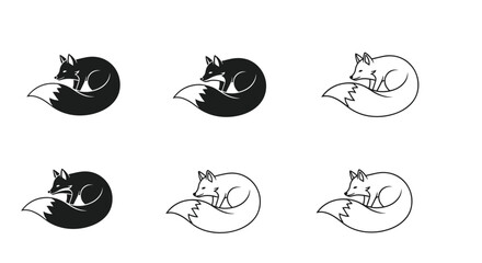 Fototapeta premium Six small icons of a sleeping fox curled up in a circle shown in alternating black silhouette and white outline styles.