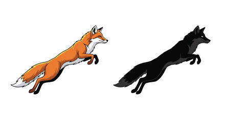 Fototapeta premium Two illustrations of a fox in a leaping or jumping pose including one in natural orange and white and one in black and grey.