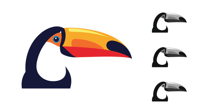 Colorful toucan head graphic with large orange beak is presented alongside smaller grayscale versions showing different color profiles.