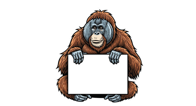 Orangutan character holding a blank white board for custom text or message on a plain background, perfect for educational or environmental themes.