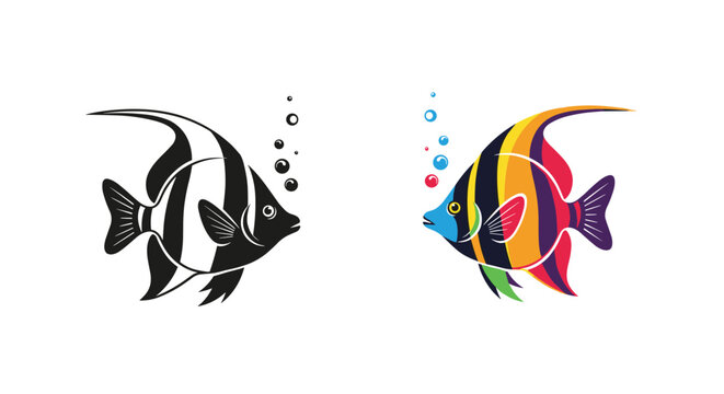 Pair of elegant moorish idol angelfish illustrations showing one in black and white silhouette and the other in vibrant tropical colors with bubbles.