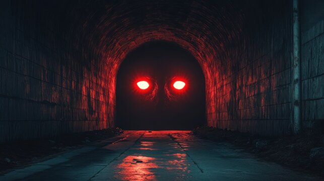 Eerie Tunnel Vision: Glowing Red Eyes in Dark Concrete Passage, Reflecting on Wet Floor