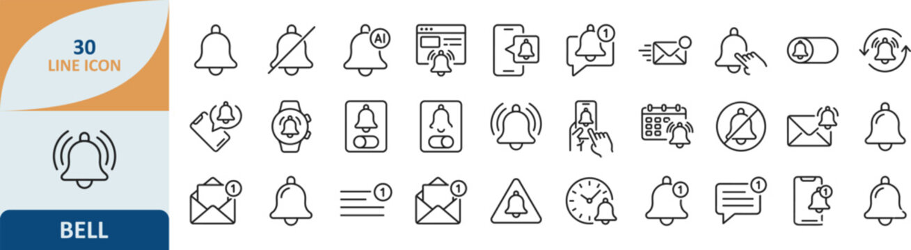 Set of bell notification and alert line icons with notification reminder communication interface announcement feedback settings application software attention