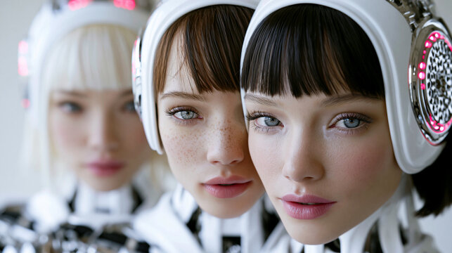Drei futuristische weibliche Roboter oder Androiden in wei&szlig;en Uniformen mit Kopfh&ouml;rern blicken in die Kamera.