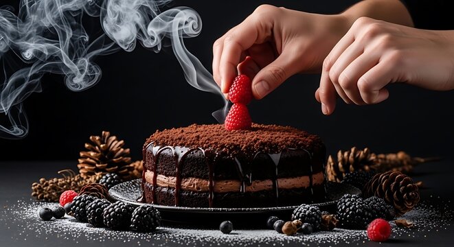 Hand garnishing a decadent chocolate cake with fresh raspberries on a dark background