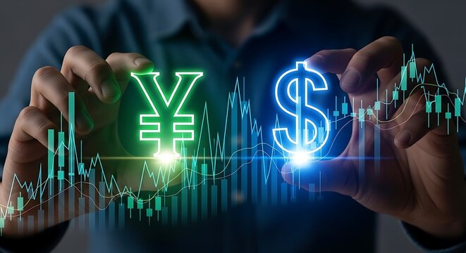 Businessman holding glowing japanese yen and us dollar currency symbols with a digital financial stock market chart background, for global trading