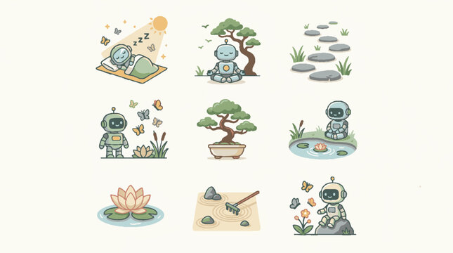 Cute cartoon robot character in various zen meditation and nature garden scenes vector illustration set.