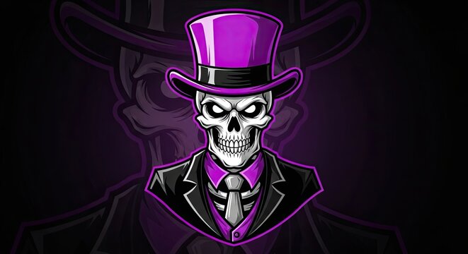 Skeleton mascot wearing purple top hat and suit.