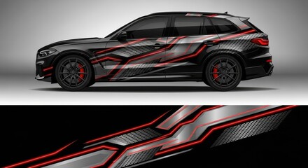 Obraz premium Sporty black SUV with red and grey geometric vinyl wrap.