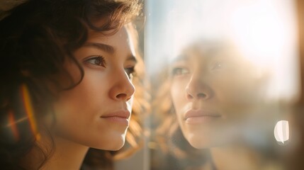 Fototapeta premium Woman standing by a window, warm light illuminating her face and reflection, conveying introspection and hope