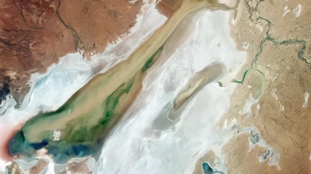 Panoramic top view of salt marsh, white salt deposits. Camera is moving right and up. Animation based on image by NASA