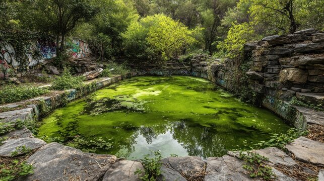 Abandoned stone pond with bright green algae in an overgrown forest setting