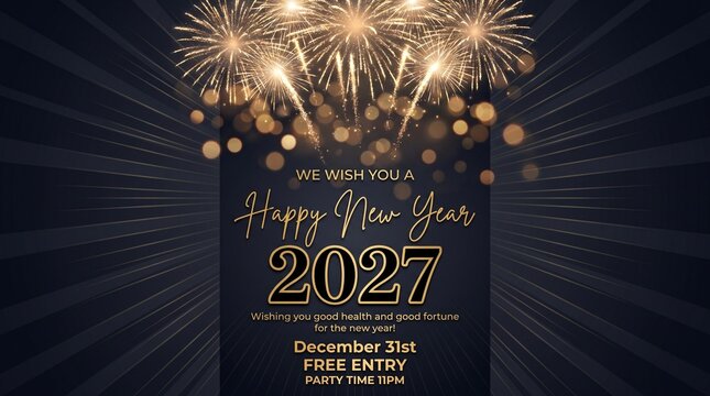 Elegant happy new year 2027 party invitation flyer with fireworks