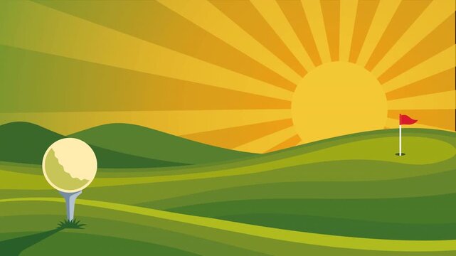 Golf course flat landscape with sunrise with parallax effect animated background. Golfing scene animation parallax effect motion with golf ball on a tee, rolling fairways, flag, sunrise. 4K Video