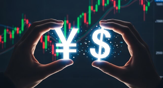 Close up of hands holding glowing yen and dollar currency signs against a digital stock market candlestick chart for international financial trading