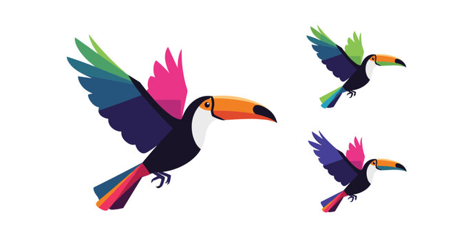 Vibrant toucan in flight showcases a rainbow of colors on its wings and a bright orange beak with smaller variations for branding.