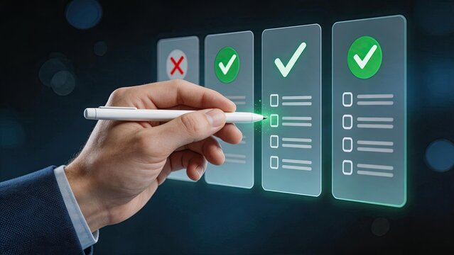 Close up of hand holding stylus selecting options on floating holographic survey forms with checkmarks and crosses, illustrating digital evaluation feedback assessment and data