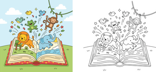 Cute children storybook vector illustration with colored and outline coloring page version featuring cartoon animals lion elephant monkey and frog popping out of open book © MMONIR