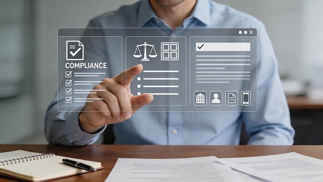 Compliance and legal regulation concept, businessman checking requirements on virtual screen, audit, policy adherence and corporate governance illustration.