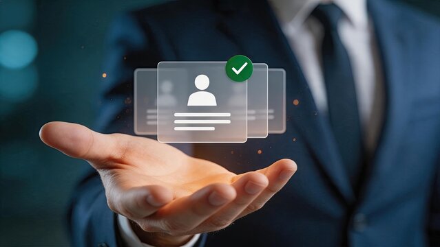 Verified identity concept with digital id card held in hand, security authentication, user profile validation and personal data protection technology.