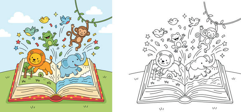 Cute children storybook vector illustration with colored and outline coloring page version featuring cartoon animals lion elephant monkey and frog popping out of open book