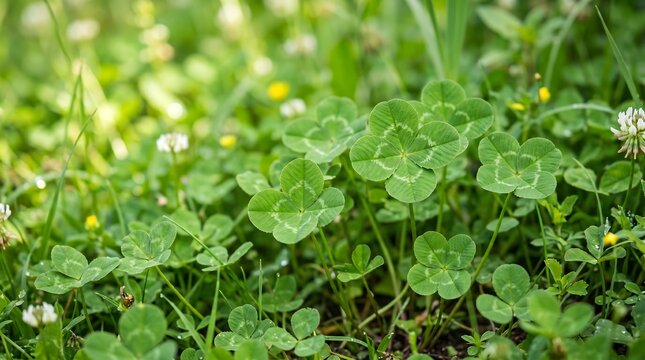 Closeup of vibrant green fourleaf clover plants growing in natural sunlight