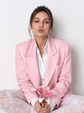Young woman with kissy face expression wearing stylish pink blazer and white shirt holding lily flower, studio portrait on white background, fashion beauty and spring concept