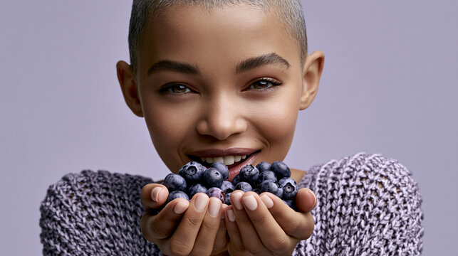 Eine junge Frau mit kurzem Haar h&auml;lt beide H&auml;nde voller frischer Blaubeeren vor ihr Gesicht vor einem lila Hintergrund.