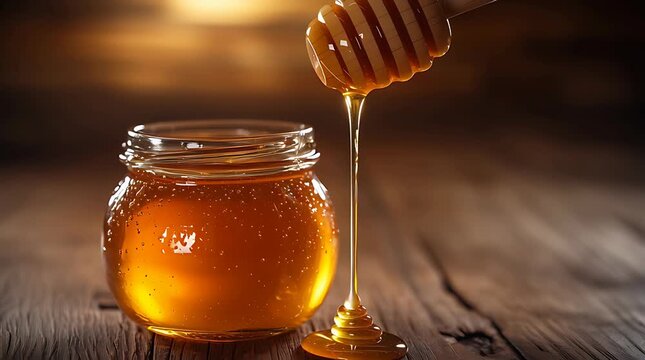Golden honey dripping from a wooden dipper into a glass jar on a rustic wooden table.