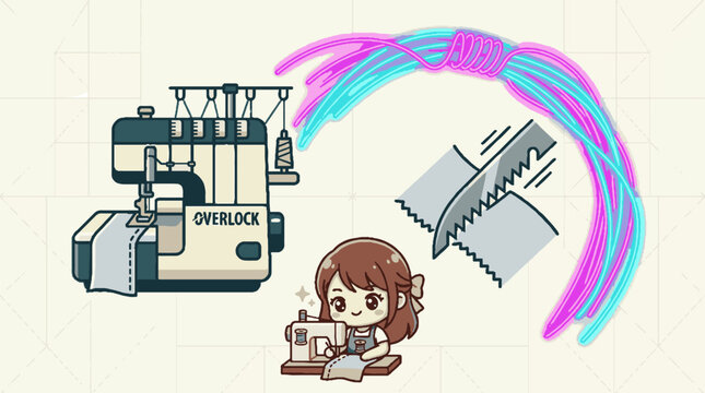Cute cartoon illustration of an overlock sewing machine with a seamstress girl and colorful threads.